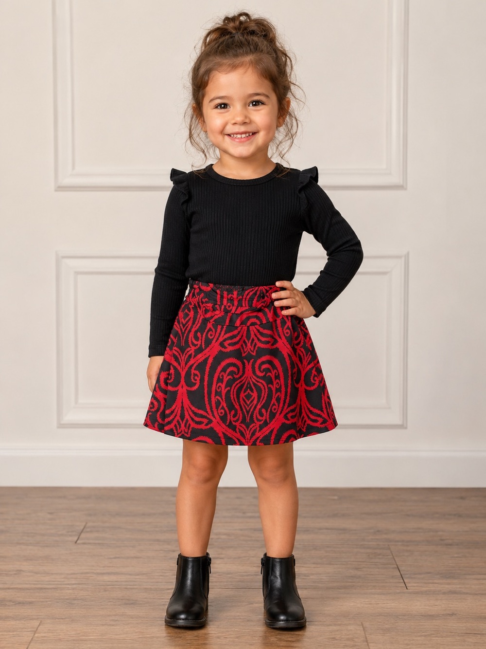 LuLaRoe Kids Cassie Skirt Size 2 Red Black Damask Print Pull On